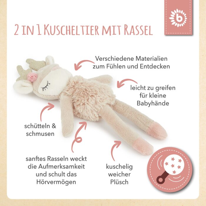 Bieco Kuscheltier Reh Ella mit Rassel | Baby Kuscheltier ab 0 Monate Stofftier Baby Plüschtier Reh re – Bild 6